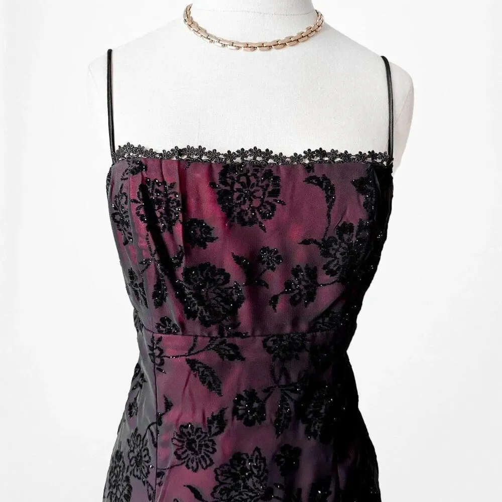 Vintage Y2K Burgundy Red Floral Velvet Side Slit Mesh Bodycon Maxi Prom Dress M
